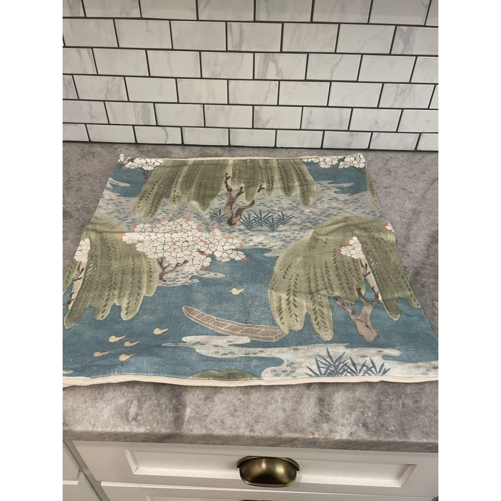 Blue Canvas Throw Pillow Cover 20x20 Asian Landscape Willow Cherry Blossoms